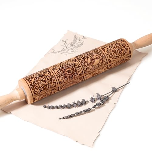 17" Premium Wooden Rolling Pins for Baking with European Embossed Designs | 3mm Deep Springerle Cookie Molds | Christmas Rolling Pin & Baking Gifts for Women | Includes 3-in-1 Cleaning Brush