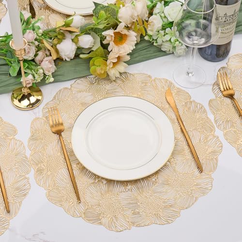 Gold Metallic Vinyl Flower Placemats Set of 6 for Dining Table I961330