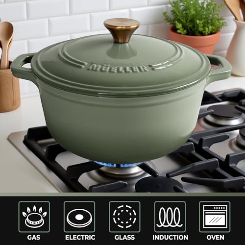 Mueller 6qt Enameled Cast Iron Dutch Oven with Lid, Oven-Safe to 500°F, White N219