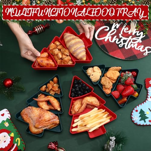 Christmas Tree Serving Tray Platter, Red and Green Plastic, 3 Grids with Bag and Ribbon D132830