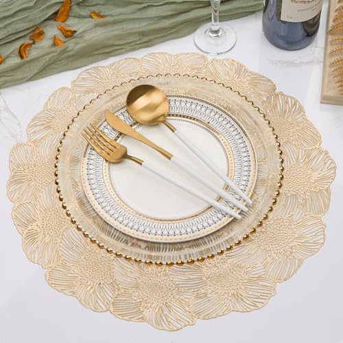 Gold Metallic Vinyl Flower Placemats Set of 6 for Dining Table I961330