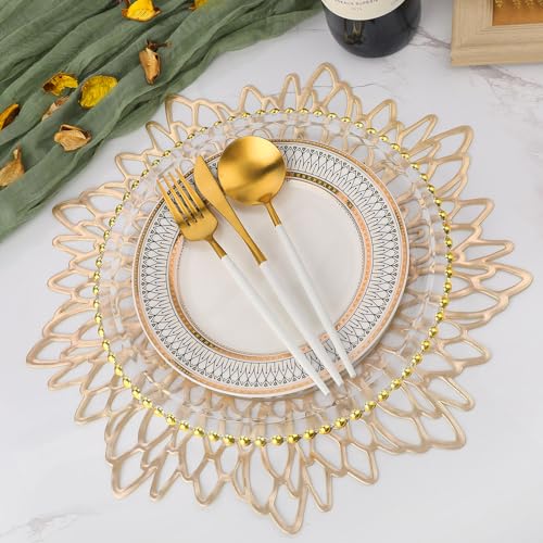 Gold Metallic Vinyl Flower Placemats Set of 6 for Dining Table I961330