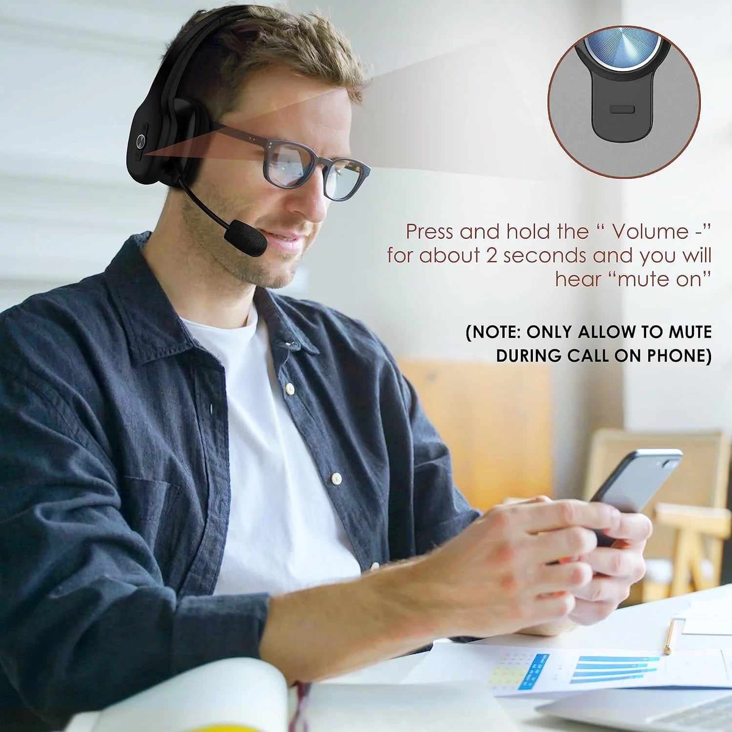 Trucker Bluetooth Headset with Noise Canceling Microphone, 60H Wireless On-Ear U155
