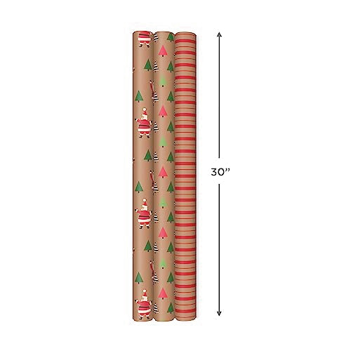 Hallmark Christmas Wrapping Paper Rolls, Brown Kraft Holiday Gift Wrap, 3-Pack W846520