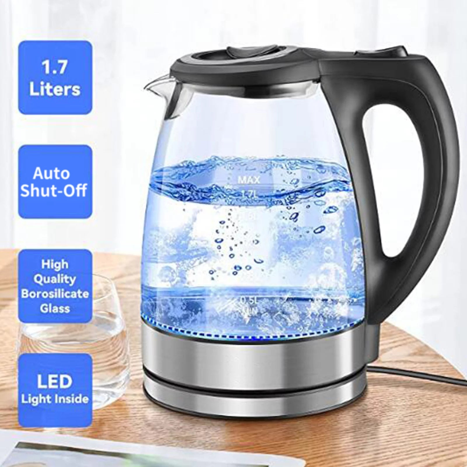 1.7L Electric Kettle 1500W Glass with Auto Shut-Off L330