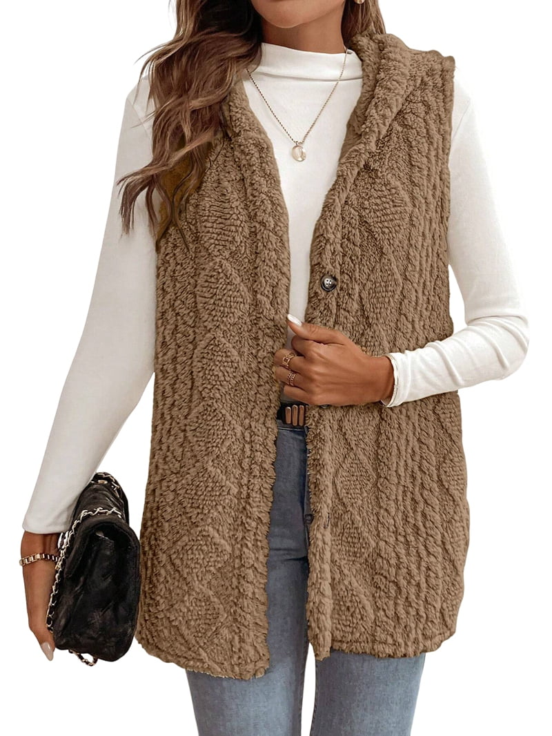 Women's Oversized Fleece Hooded Cardigan, Double Sided Wear, Brown XL U63510