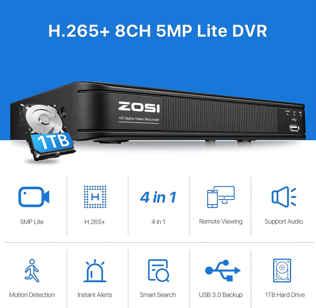 ZOSI H.265+ 5MP Lite 8 Channel CCTV DVR Recorder with 1TB Hard Drive J715