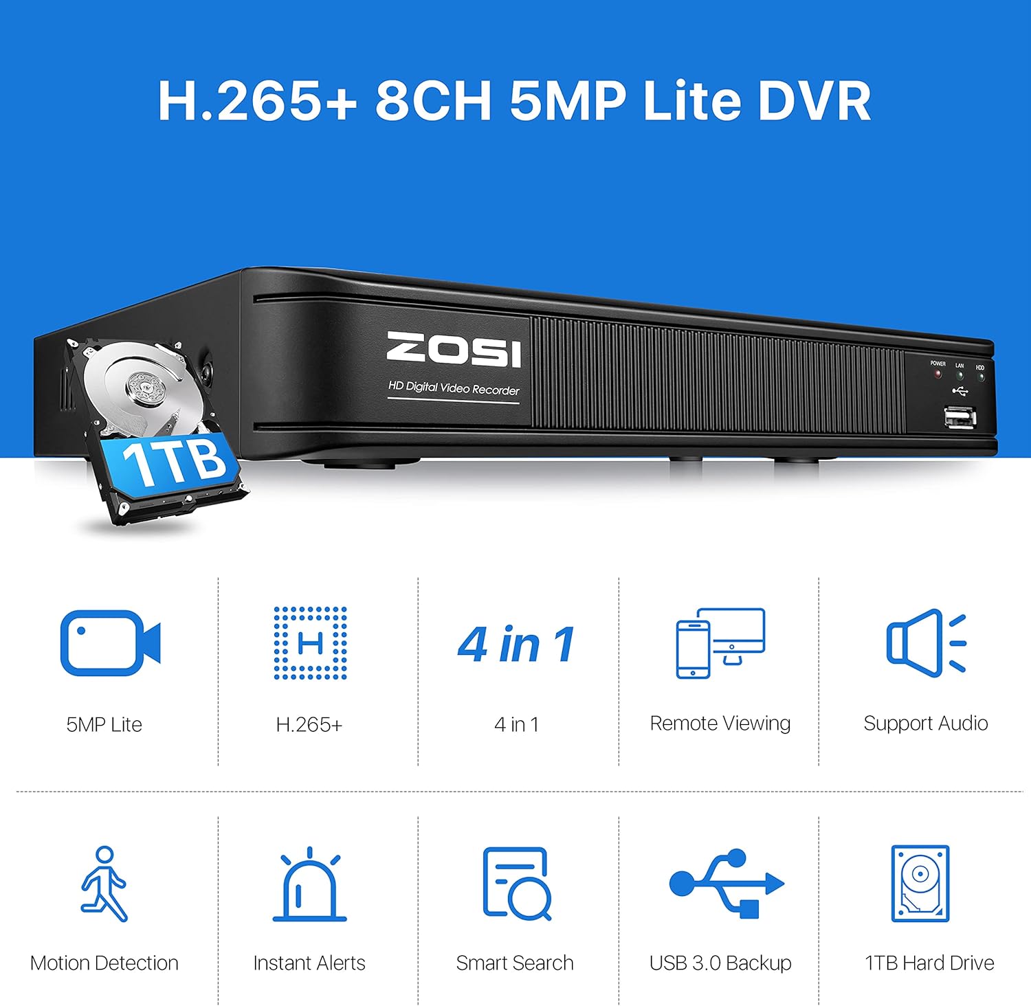 ZOSI H.265+ 5MP Lite 8 Channel CCTV DVR Recorder with 1TB Hard Drive J715