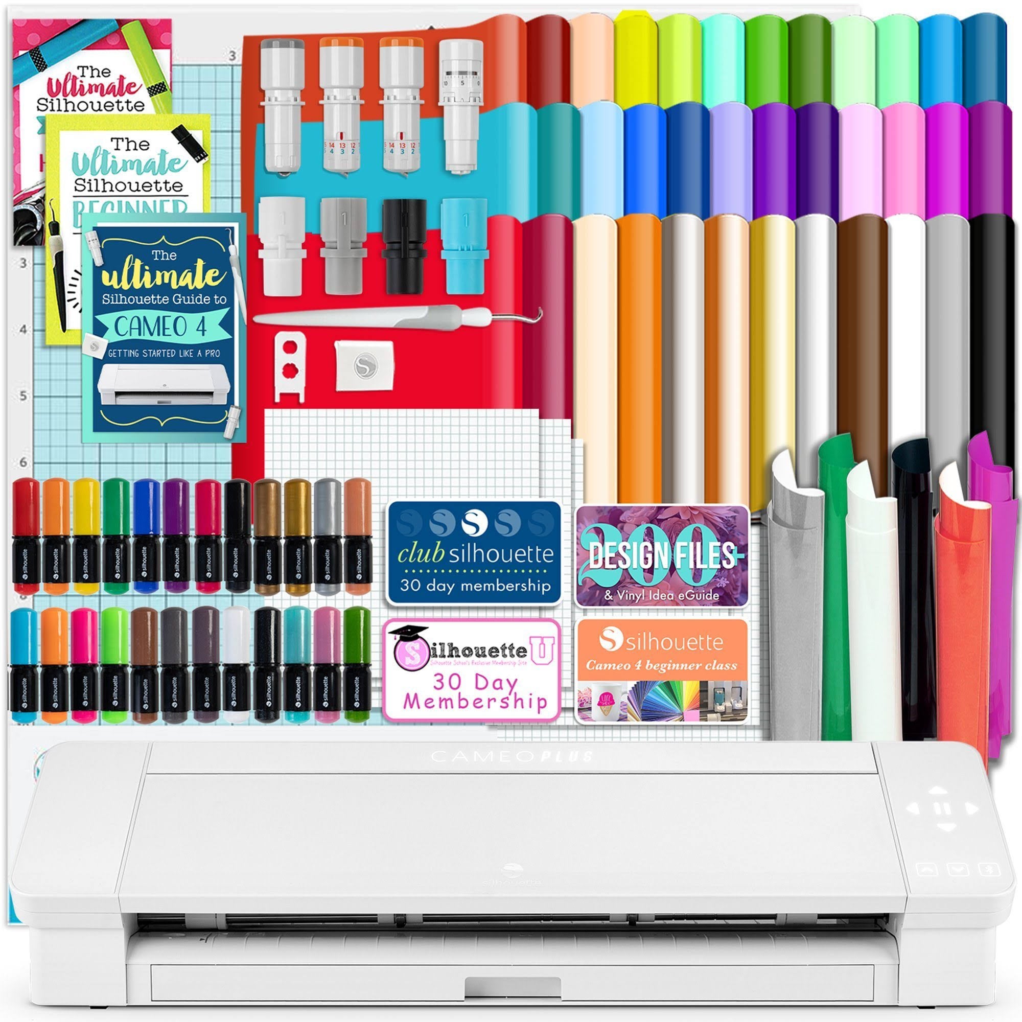 Silhouette White Cameo 4 Plus - 15x22 w/ Blade Pack, 38 Sheets Vinyl, HTV, Pens