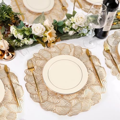 Gold Metallic Vinyl Flower Placemats Set of 6 for Dining Table I961330