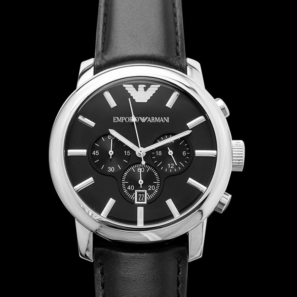 Emporio Armani Men's AR0431 Stainless Steel Chronograph Watch with Black Leather Strap T16679