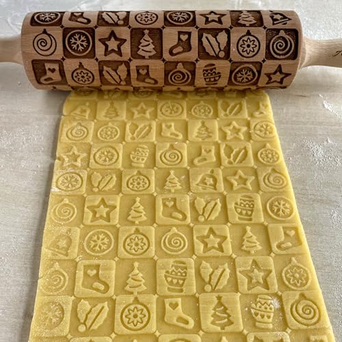 Embossing Rolling Pin with Christmas Symbols for Gingerbread Cookies W48955