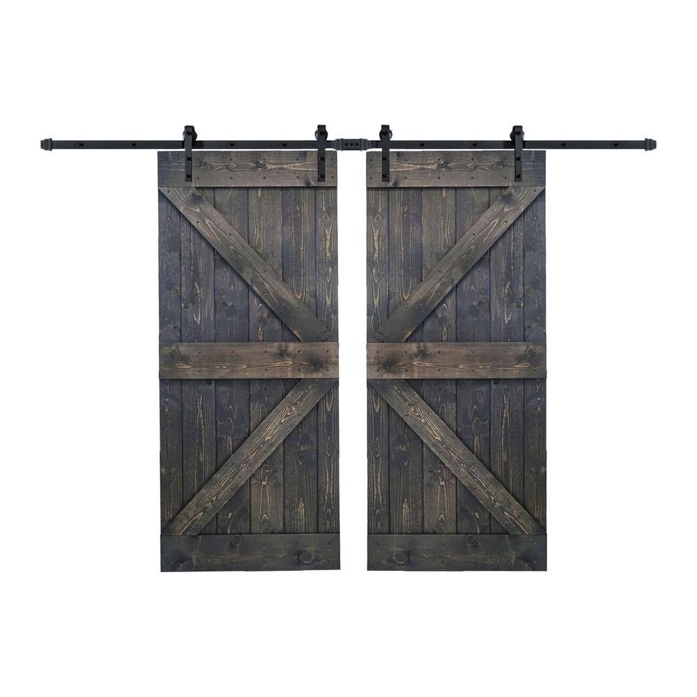 WELLHOME K Series 72 in. x 84 in. Carbon Gray DIY Finished Knotty Pine Wood Double Sliding Barn Door with Hardware Kit