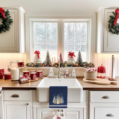 Merry Christmas Kitchen Towels Set of 2, Red Xmas Tree Design C1385