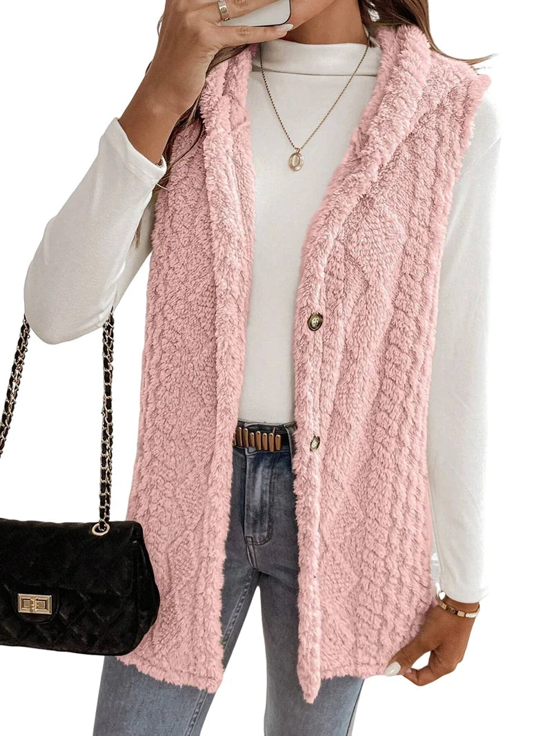 Women's Oversized Fleece Hooded Cardigan, Double Sided Wear, Pink M D664