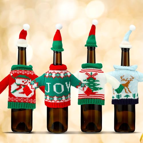 16 Sets Christmas Wine Bottle Covers with Hat Knitted Dress, 8 Styles G574