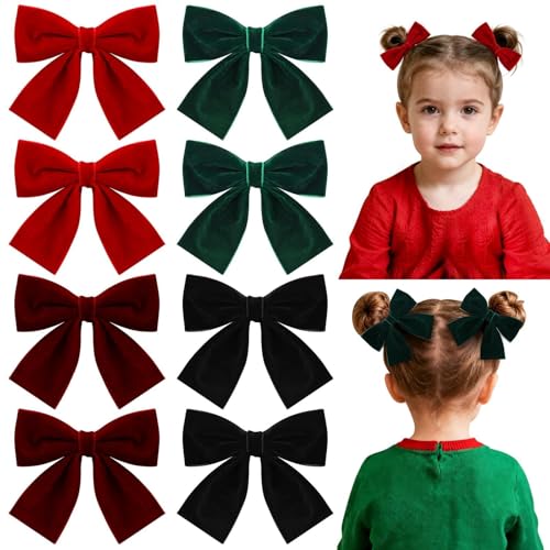 8 Pcs Velvet Hair Bows for Girls, 4" Christmas Hair Bows with Alligator Clips Christmas Bow Hair Accessories Stocking Stuffers for Girls Toddler Kids
