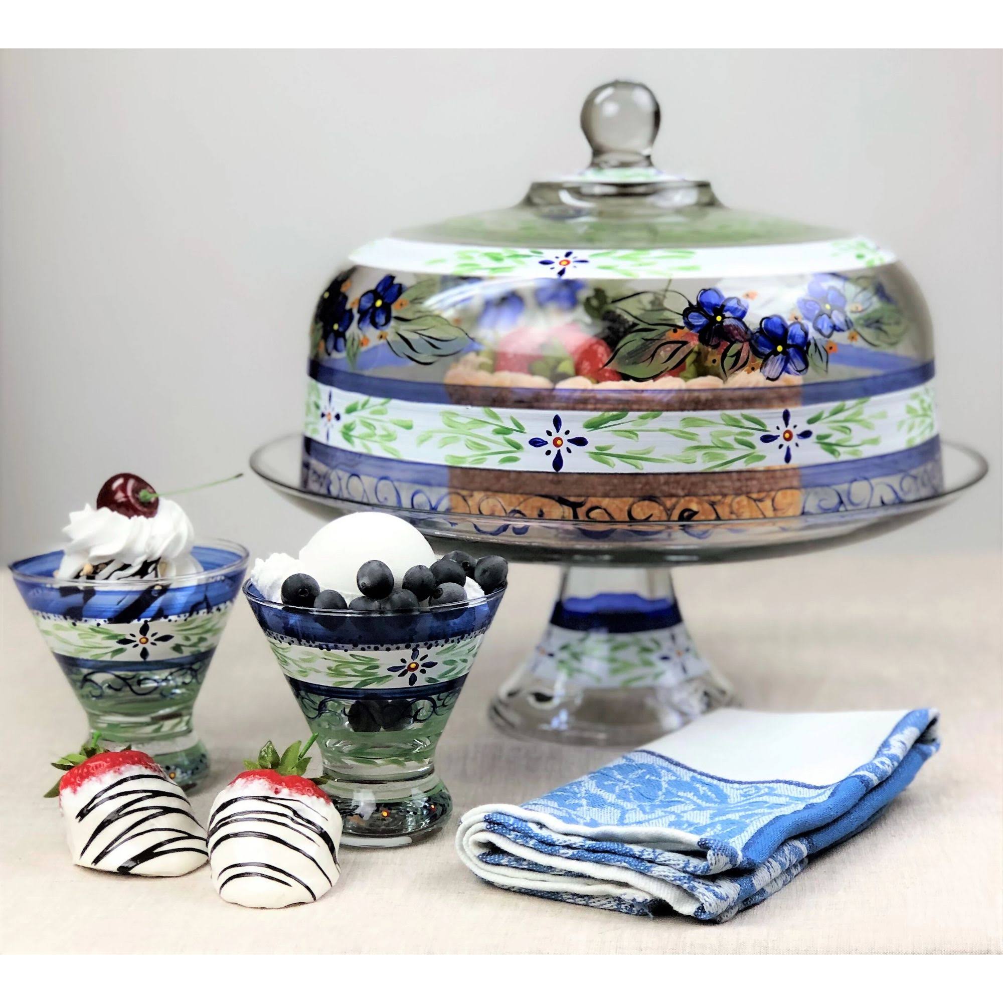 Blue Floral Hand Painted Glass Convertible Cake Dome F908
