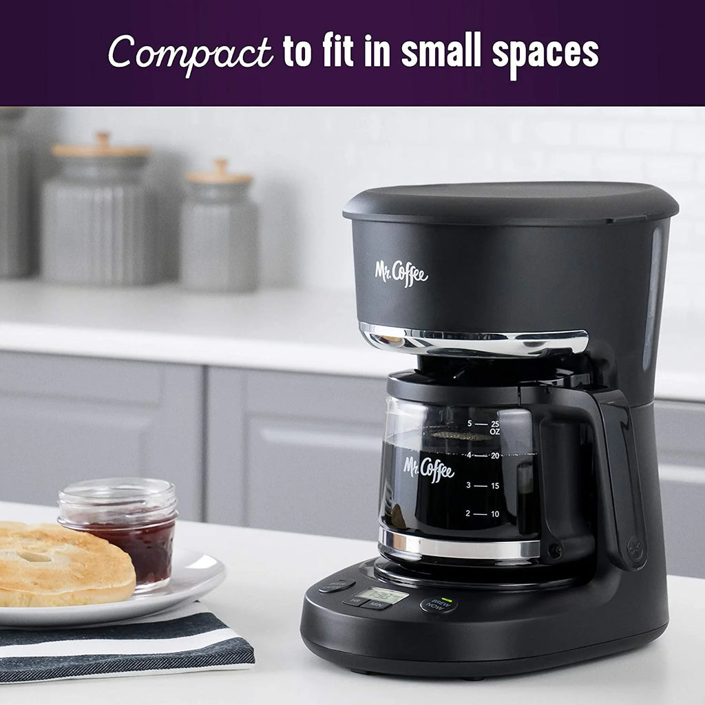 Mr. Coffee 5 Cup Programmable 25 oz. Mini, Brew Now or Later, Coffee Maker, Black
