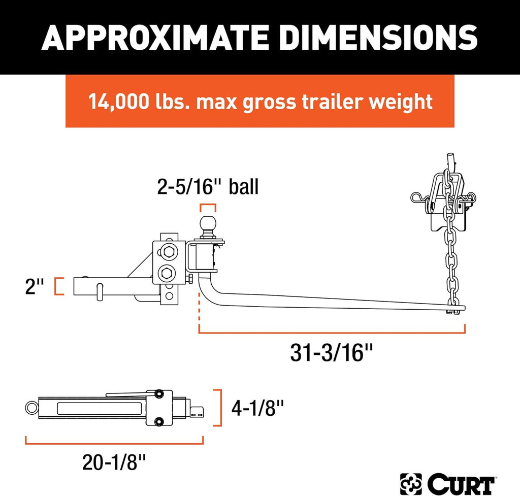 CURT 17063 Round Bar Weight Distribution Hitch with Sway Control, 14K, 2-In Shank, Black D3893
