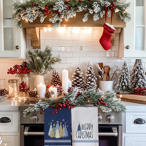 Merry Christmas Kitchen Towels Set of 2, Red Xmas Tree Design C1385