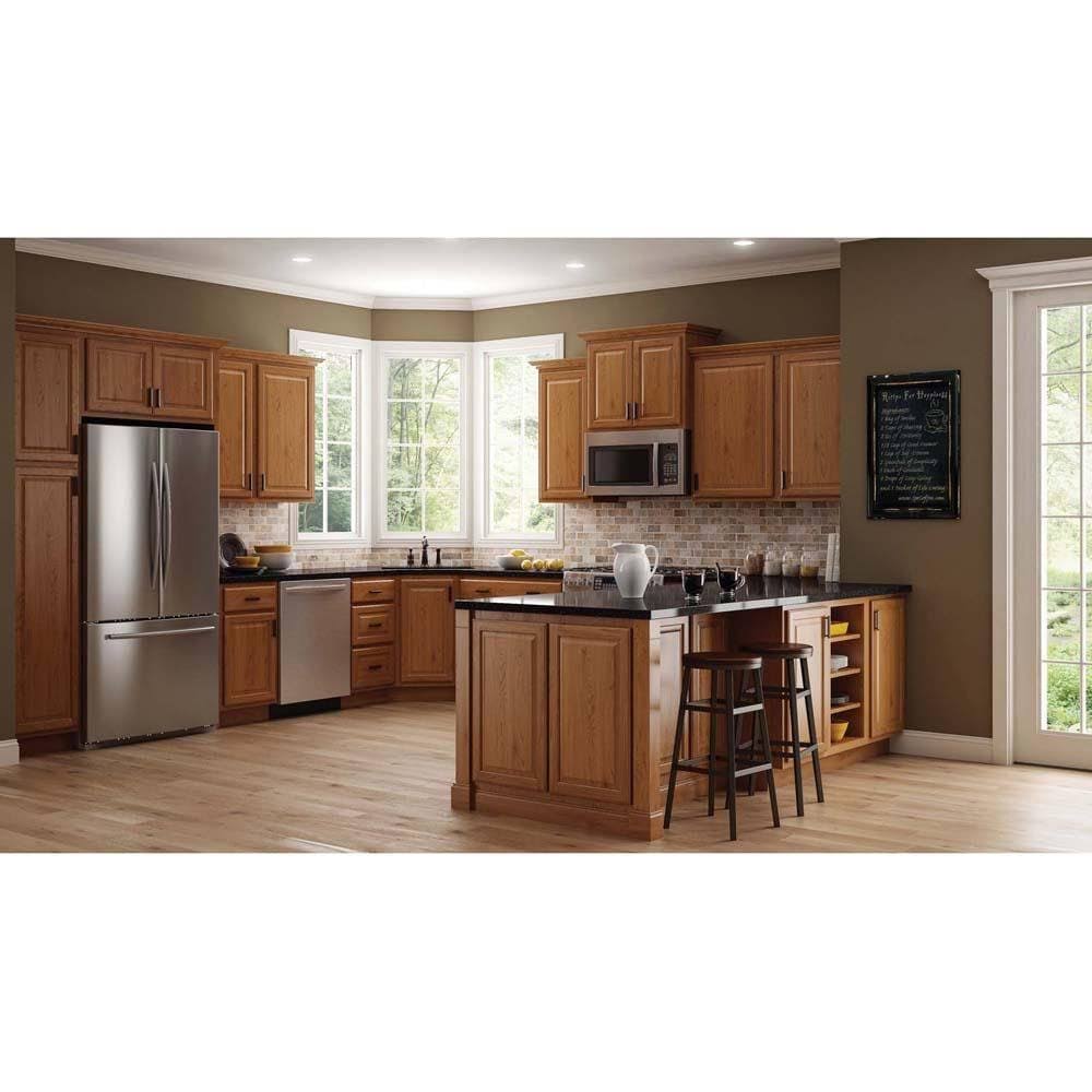 Hampton Bay Assembled 28.5x34.5x16.5 in. Lazy Susan Corner Base Kitchen Cabinet in Medium Oak T67656