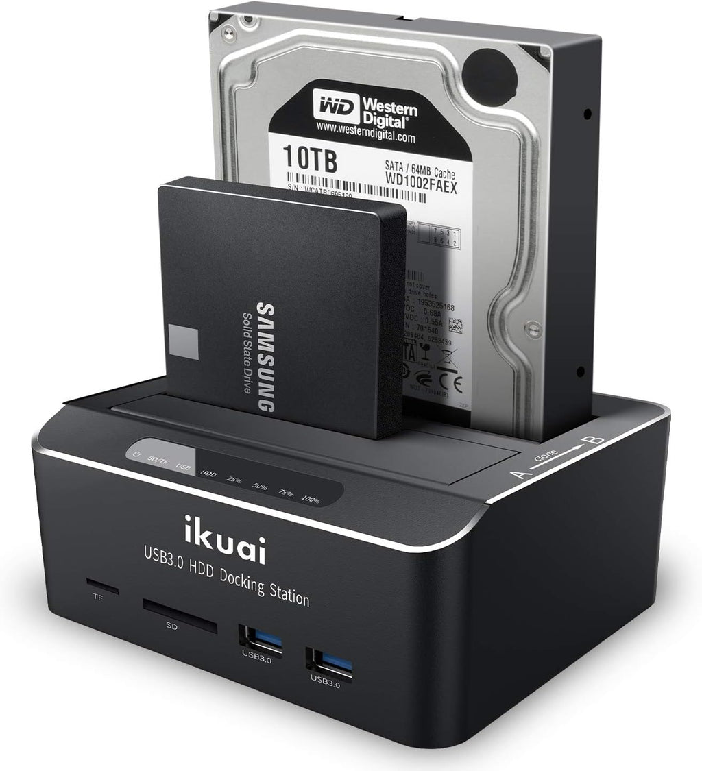 ikuai SATA to USB 3.0 Dual Bay Hard Drive Dock for 2.5 and 3.5 SATA HDD SSD with SD TF Card Reader 2 USB 3.0 Ports and Offline Clone Function External Hard Drive Docking Station (UASP Supported) Pack of 2