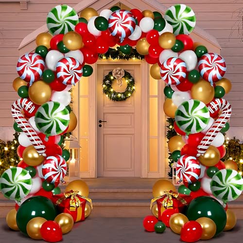 Red Green White Christmas Balloon Garland Arch Kit, Gingerbread Holiday Party Decorations Q4251