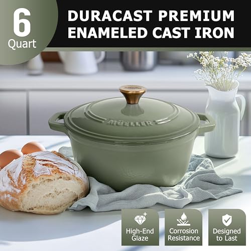 Mueller 6qt Enameled Cast Iron Dutch Oven with Lid, Oven-Safe to 500°F, White N219