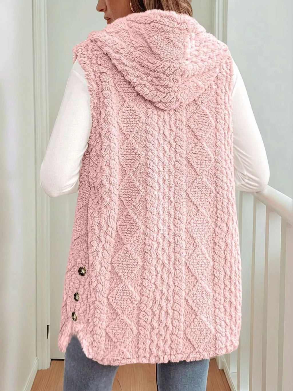 Women's Oversized Fleece Hooded Cardigan, Double Sided Wear, Pink M D664