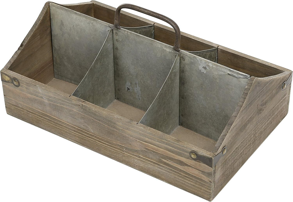MyGift Vintage Wood Organizer Caddy, Decorative Storage Crate with Galvanized Zinc Metal Dividers & Handle Pack of 2
