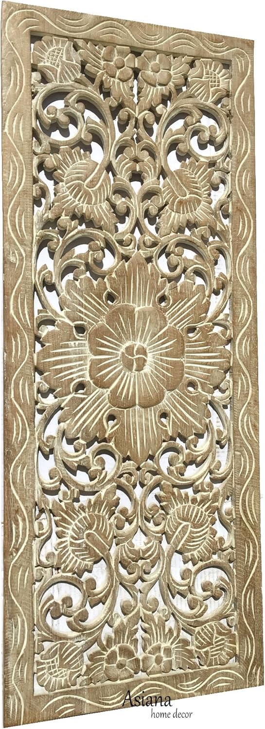 Asiana Home Decor Large Carved Wood Wall Panel Floral Brown-Teak Z5176