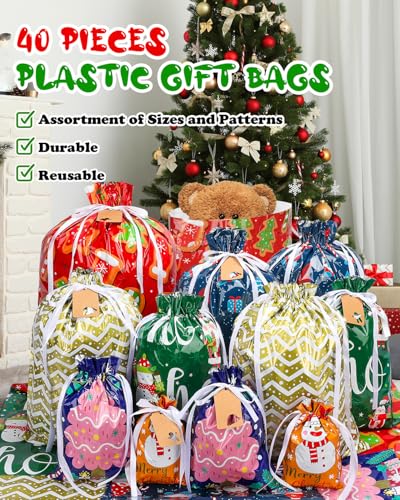 Christmas Gift Bags Assorted Sizes, 22pcs Drawstring Reusable Plastic D786