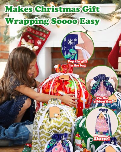 Christmas Gift Bags Assorted Sizes, 22pcs Drawstring Reusable Plastic D786