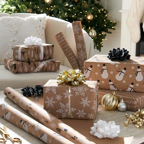 American Greetings Vintage Kraft Christmas Wrapping Paper Rolls, 4 Rolls, 80 sq. ft. D740