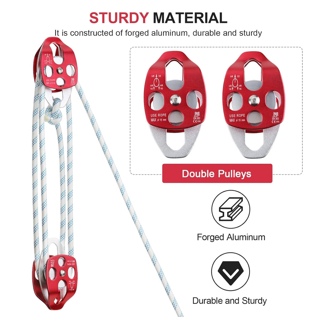 Pulley Block Twin Sheave 2/5-1/2Inch 150Ft with Braid Rope 30-35KN G20495