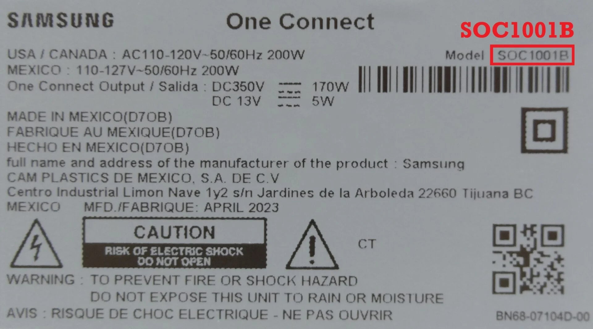 Samsung QN50LS03B QN43LS03B One Connect BN96-54788L X1076