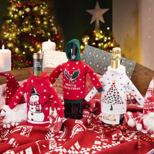 3Pcs Christmas Wine Bottle Covers Knitted Sweatshirts Holiday Party Decorations I4698