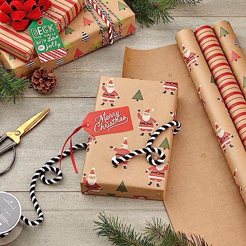 Hallmark Christmas Wrapping Paper Rolls, Brown Kraft Holiday Gift Wrap, 3-Pack W846520