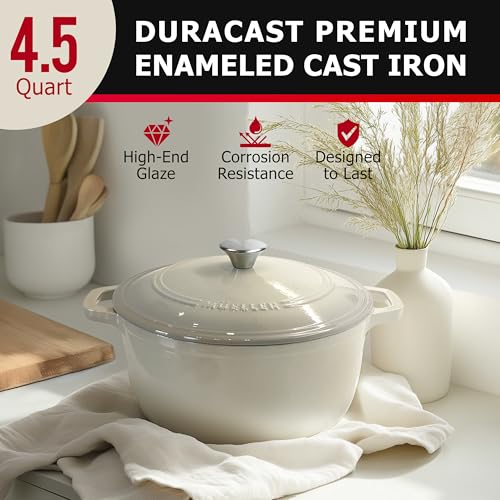 Mueller 6qt Enameled Cast Iron Dutch Oven with Lid, Oven-Safe to 500°F, White N219