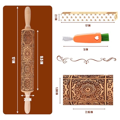 17" Wooden Rolling Pin with Embossed Springerle Cookie Designs, Includes Cleaning Brush O580