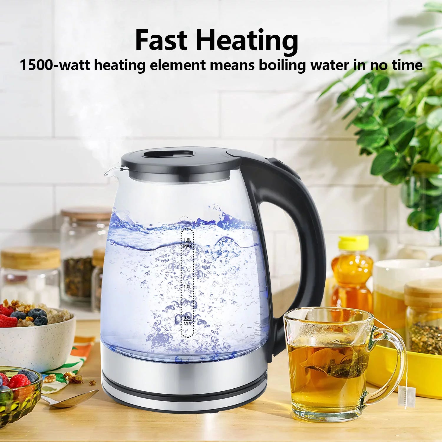 Electric Kettle 1.8L Glass and Steel with Auto Shut-Off N757895
