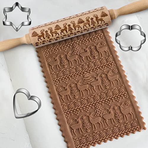 4Pack Christmas Wooden 3D Embossing Rolling Pin for Baking Cookies W389