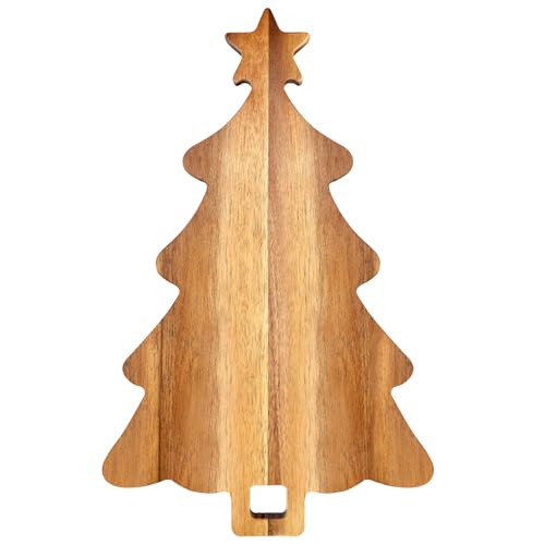 16.5" Wooden Christmas Tree Charcuterie Boards Acacia Wood Cutting Board with Handle Christmas Kitchen Decor Gifts Xmas Serving Cheese Board Festive Decorative Food Tray Holiday Xmas Tree Platters