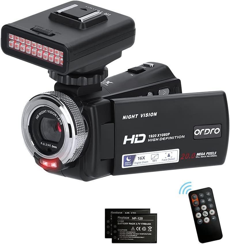 Video Cameras Night Vision Camera ORDRO V12 Digital Camcorder, 1080P YouTube Camcorder, 3'' LCD Screen 16X Digital Zoom Video Recorder with IR Night Vision Light, Remote Control, 2 Batteries