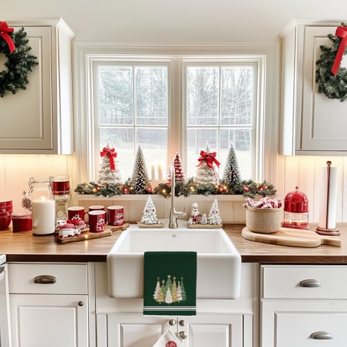 Merry Christmas Kitchen Towels Set of 2, Red Xmas Tree Design C1385