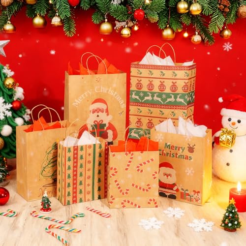 SUNEE Christmas Gift Bags with Tissue Paper, 24pcs Assorted Sizes with Handles V580
