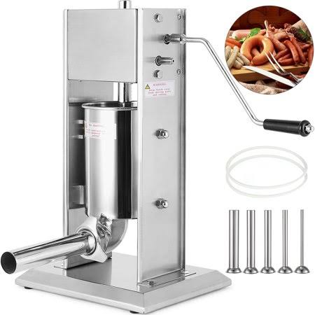 Vevor Manual Sausage Stuffer Maker 3L Capacity Two Speed Vertical Meat Filler Stainless Steel with 5 Stuffing Nozzles, Commercia