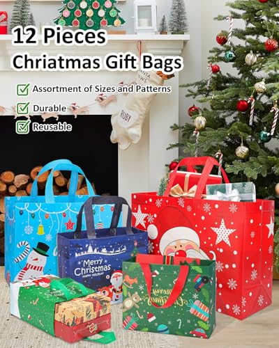 Christmas Gift Bags Assorted Sizes 12PC with Handles, Heavy Duty Non-Woven T61434