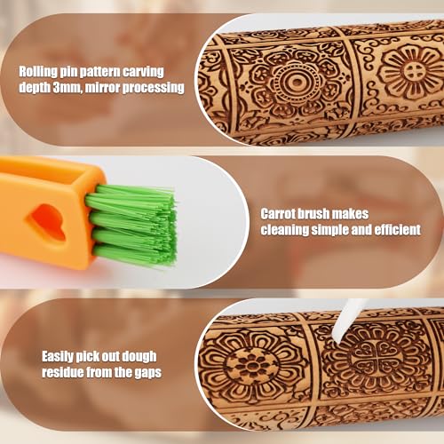 17" Wooden Rolling Pin with Embossed Springerle Cookie Designs, Includes Cleaning Brush O580